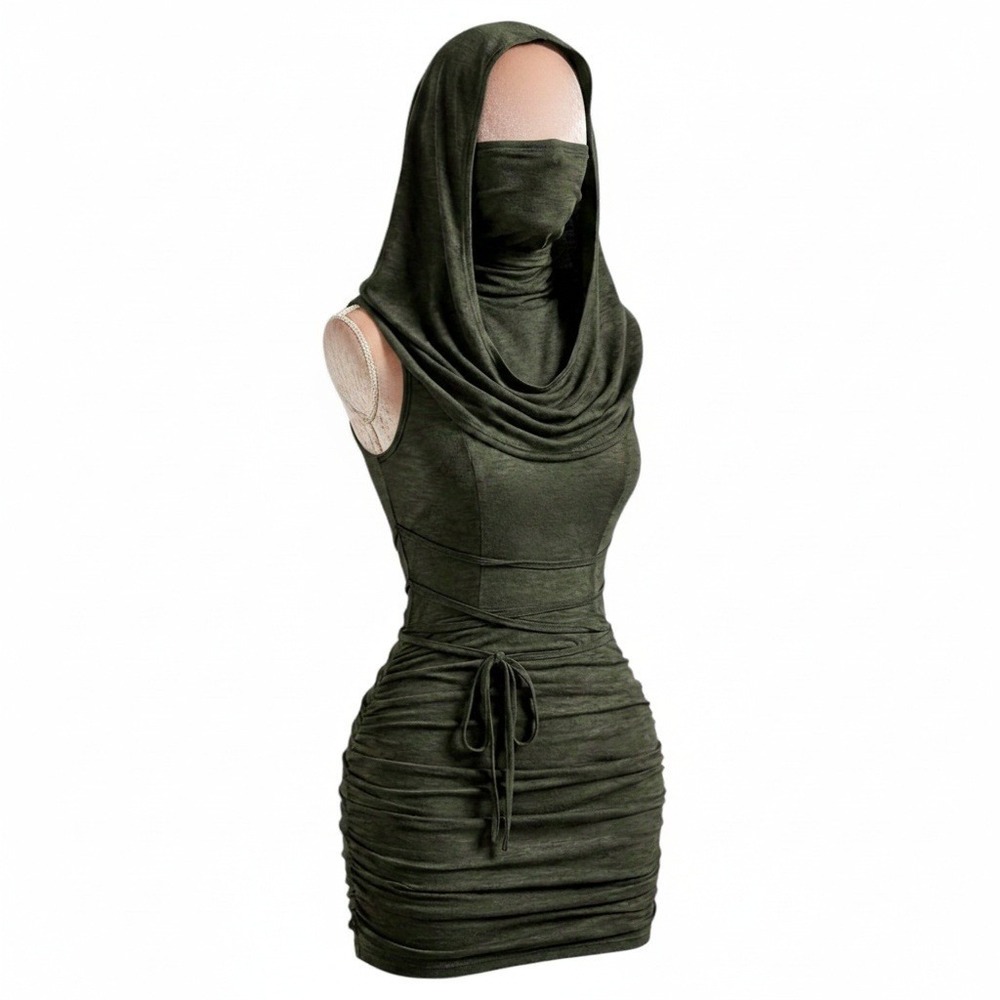 New Small Army Green Hooded Bodycon Mini Dress Ruched Grunge Y2K Cowl Sleeveless